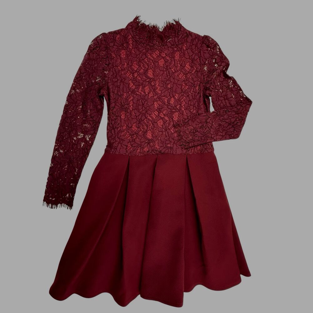 Molly Bracken Lace Cocktail Dress Women Medium Red Burgundy Pleated Mini Skater